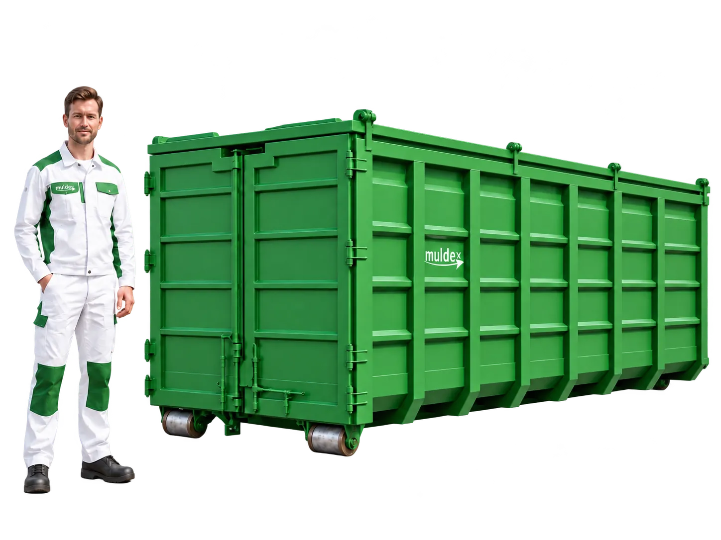 Hakencontainer 20 m³ neben einer Person, im Grössenvergleich