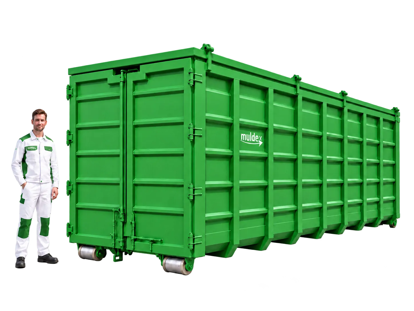 Hakencontainer 36 m³ neben einer Person, im Grössenvergleich