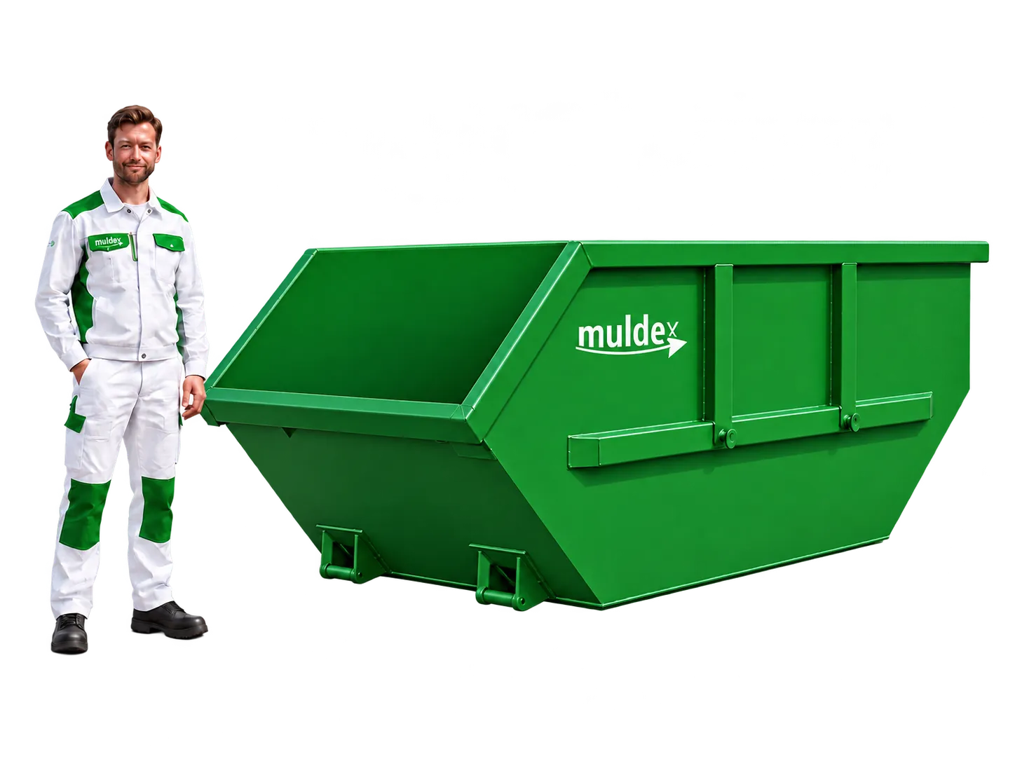 Absetzmulde 10 m³ neben einer Person, im Grössenvergleich