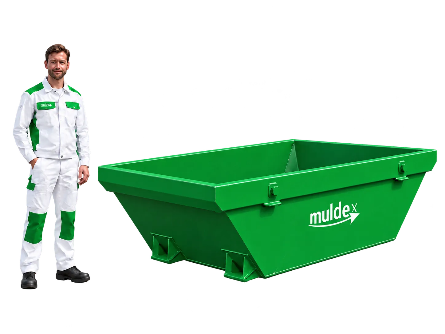 Absetzmulde 4 m³ neben einer Person, im Grössenvergleich