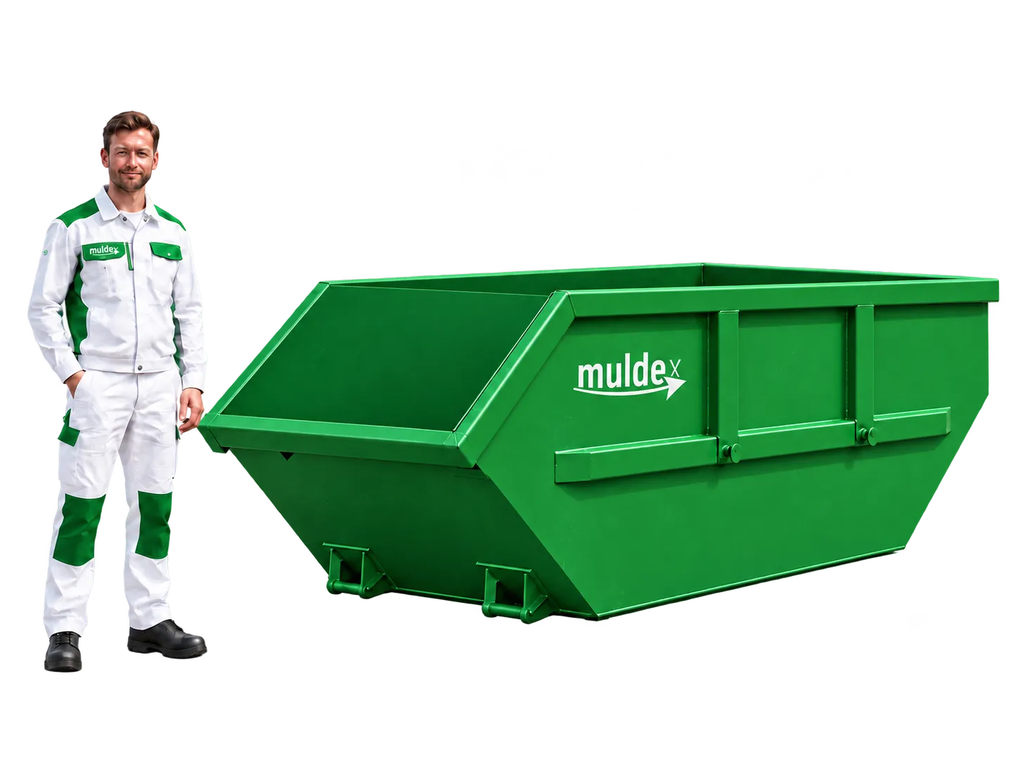 Absetzmulde 7 m³ neben einer Person, im Grössenvergleich